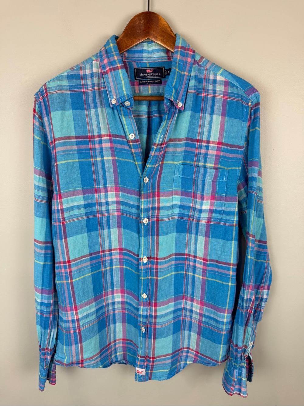 Men’s Vineyard Vines Blue Plaid Slim Fit Murray Button-Down Linen Shirt Preppy M